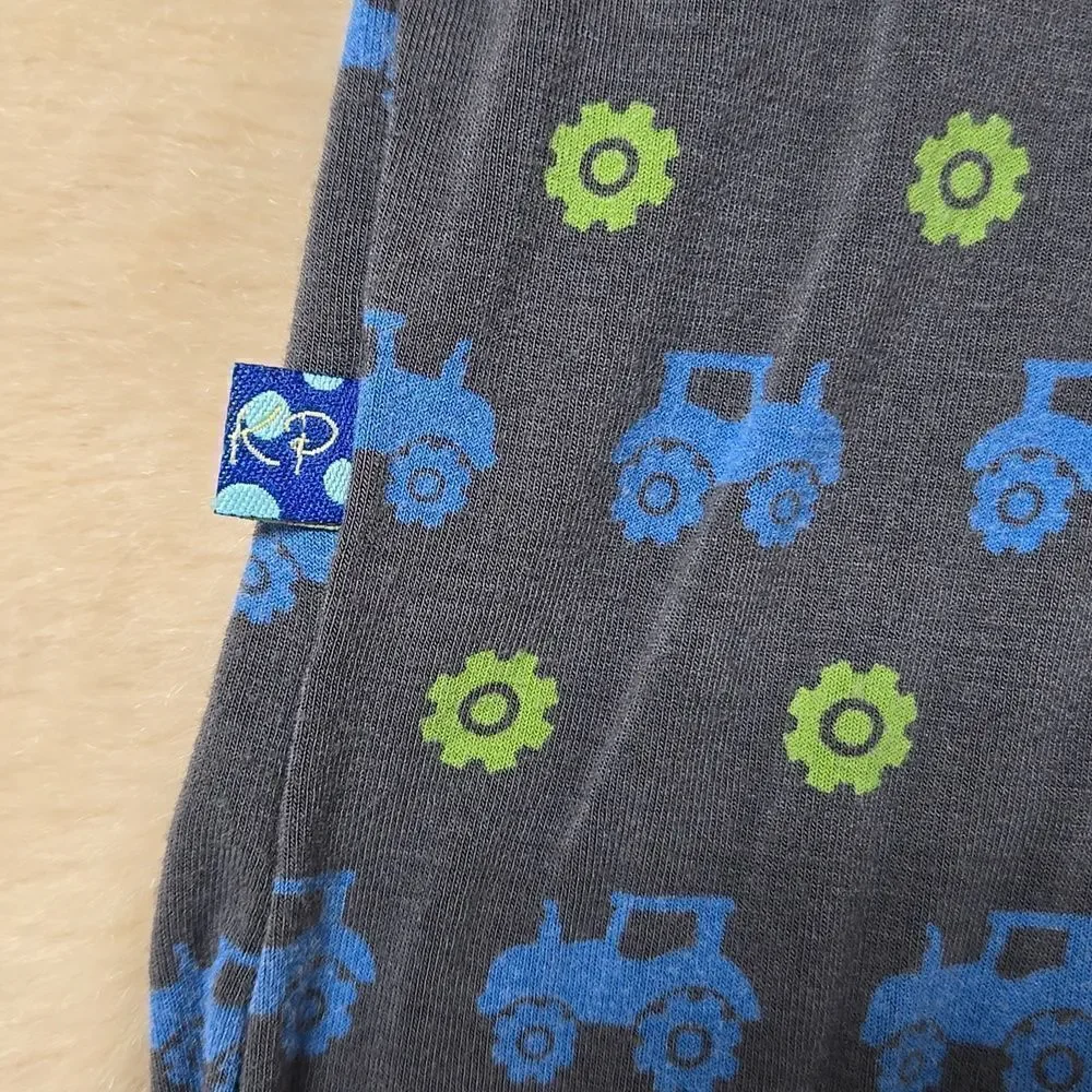 KICKEE PANTS CHARCOAL WITH TRACTORS AND TIRES ROMPER, SIZE 18-24 MONTHS
